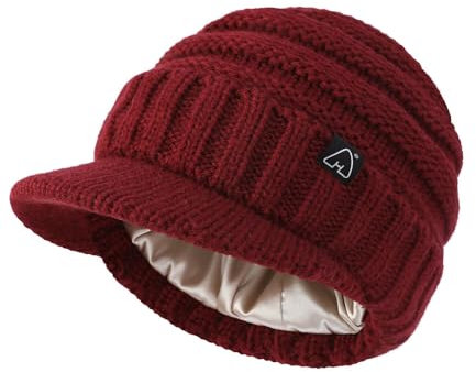 Hat Hut Beanie Damen Herren Satin gefütterte Wintermützen für Frauen Slouchy Beanies Satin gefütterte Beanie mit Krempe Visier (DE/NL/SE/PL, Alphanumerisch, Einheitsgröße, Weinrot)