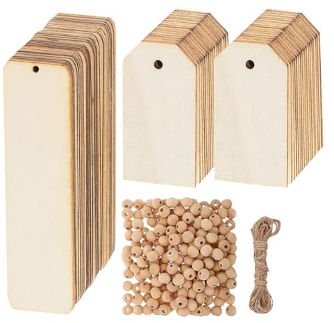UUYYEO 261-teiliges Namensschilder-Set für Weihnachtsstrümpfe, unlackierte Holz-Geschenkanhänger, Holz-Lesezeichen, Holzperlen, Weihnachtsschmuck, Rohlinge mit Seil