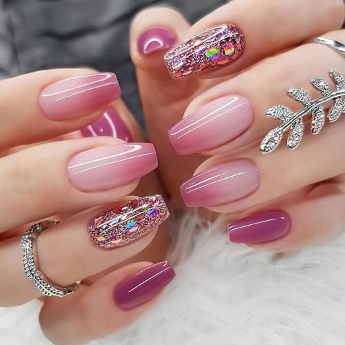 Ceboic 24 Stück Coffin Nägel Zum Aufkleben Mittellang Lila Gradient French Kunstnägel Press on Nails Vollständige Abdeckung Acryl Künstliche Nägel Square Fingernägel Fake Nails für Frauen