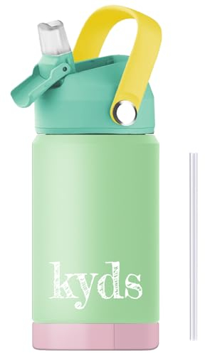 kyds® Trinkflasche Kinder, Thermo Edelstahl Wasserflasche, Auslaufsicher, mit Trinkhalm, hygienischer Klappdeckel, BPA-frei, spülmaschinenfest, Trinkflasche für Schule Sport (Light Green/Rosa, 350ml)