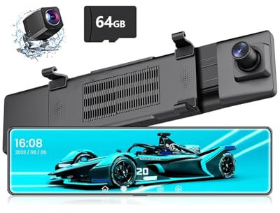 12 Mirror Dash Cam,Touch Screen Smart Rear View Mirror Camera, 1080P+1080P Dash Cam Front and Rear, Night Vision, Reverse Assist,Loop Recording, 24H Parking Mode, Included 64GB Card