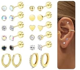 JeweBella 12 Pairs Ohrringe Silber/Gold Set für Damen Herren Hypoallergen Medizinische Ohrstecker Chirurgenstahl Helix Piercing Ohr Zirkonia Opal Knorpel Creolen Ohrringe Set für Mehrere Ohrlöcher