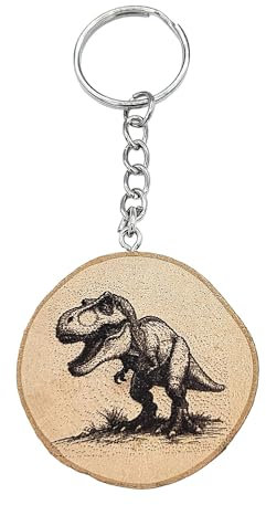 Promotech Dinosaurier Handgefertigter Lasergravierter Einzelstück Schlüsselanhänger aus Holz für Kinder (T-REX)