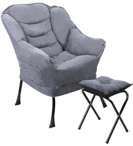 Lazy Chair,Accent Sofa Chair,Modern Lounge Sofa Chair with Footrest Ottomans Armrests Side Pocket Leisure Padded Reading Chair for Bedroom Living Room Office Grey
