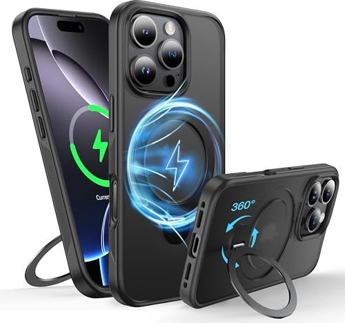 FNDMIL 360° Rotatable Magnetic Ring for iPhone 16 Pro Case with MagSafe | [Non-slip Texture Edge][Built-in Kickstand][Military Shockproof] Translucent Matte Soft Silicone Bumper Slim,Black