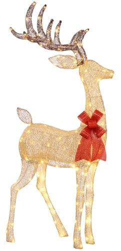 Outsunny 137er LED Rentier, Weihnachtsdeko in warmweiß, Weihnachtsbeleuchtung Hirsch Deko mit Timer, Stahlrahmen, für Indoor, Outdoor, Gold