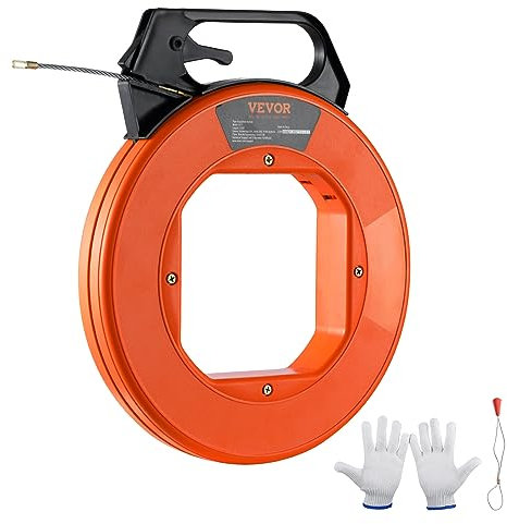 VEVOR Aiguille Électricien 38,1 m Tire Fils Électrique en PET Extracteur Tirage de Fil Câble Flexible 4,5 mm avec Boîtier Plastique Poignée Robuste Gants pour Murs Conduits Électriques Non Conducteur