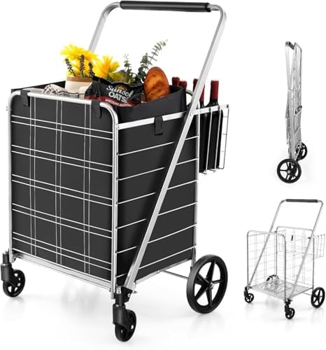 FANASK Einkaufstrolley Klappbar mit Abnehmbarer Oxford-Tasche & 2 Körben, Silber Handwagen auf Rollen, Silber Einkaufswagen Handwagen 150kg belastbar, Rollwagen Allzweckwagen