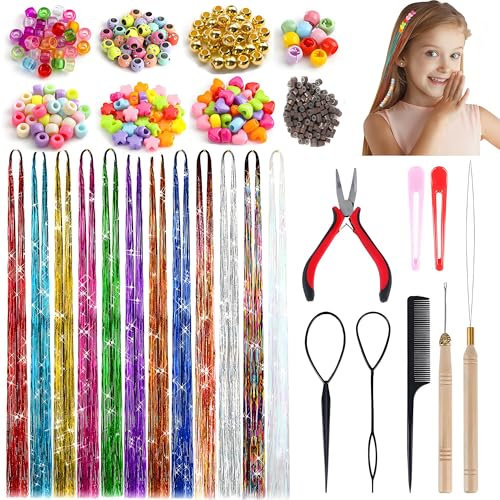 Haar Lametta Stränge Kit, Tinsel Lametta Haar Verlängerung Haare 120CM Bunte Hair Tinsel, Halloween Weihnachten Haarschmuck Dekoration mit Werkzeug, Silikon Link Ringe Perlen,12 Farben, 2400 Stränge