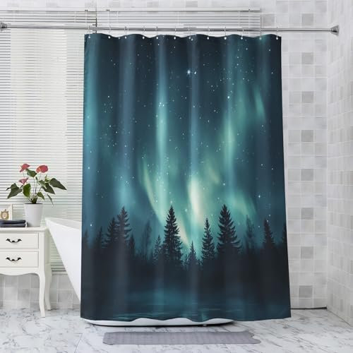 ZDABAOEC Rideau Douche Forêt - Rideau de Douche 90x200 Motif Aurore Boréale, Rideau Baignoire Anti Moisissure Imperméable, Rideau Douche Tissu Polyester Machine, Rideau Salle de Bain avec 12 Crochets