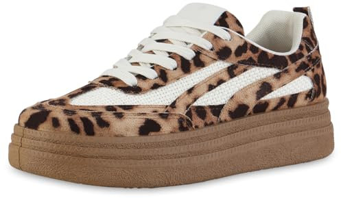 VAN HILL Damen Plateau Sneaker Plateau Basic Bequem Schuhe 216615 Hellbraun Leo 39