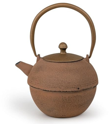 Große induktive Guss-Teekanne 1.2 Liter - braune asiatische Gusskanne mit Henkel & Edelstahl-Tee-Filter Sieb-Einsatz - optimal für lose Teesorten