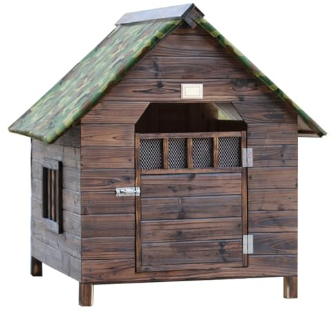 Caseta exterior de madera aislada para perros pequeños, medianos y grandes, resistente a la intemperie, fácil de montar, fácil de limpiar con ventanas y puertas (marrón, 99 x 92 x 95 cm)