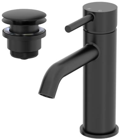 Architeckt® Boden Bathroom Cloakroom Basin Sink Mixer Tap and Waste Set Deck Mounted Round Single Lever Handle Modern, Matt Black