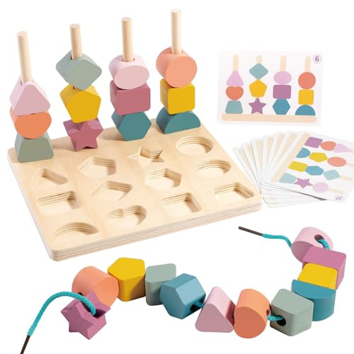 KUKUTrue Montessori Spielzeug 2 3 4 5, Fädelspiel, Stapelspielzeug, Holzspielzeug ab 2 Jahre, Farben Lernen ab 2 Jahre, Lernspielzeug, Geschenk für 2–5 Kinder Junge Mädchen