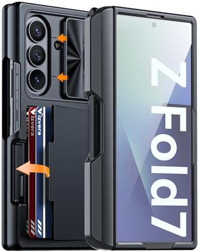 Vizvera for Samsung Galaxy Z Fold 7 Case [1 S Pen + 3 Pen Tips ] [RFID Card Holder] [S Pen Holder] [Slide Camera Cover] [Screen Protector] [Hinge Protection] Shockproof for Samsung Z Fold 7,Black