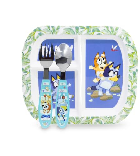 Sorrisini Juego de vajilla infantil, 3 piezas con plato dividido, cubiertos de acero inoxidable, vajilla de plástico apta para microondas, diseño azul