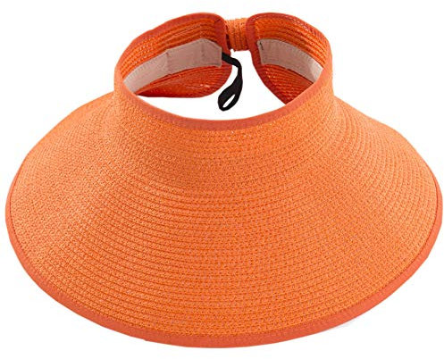 Chapeaux de plage pour femme, chapeau de paille pliable avec large bord et queue de cheval pour protection UV et voyage d'été SM01, Orange, Taille unique