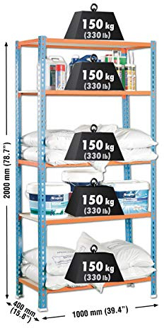 SimonRack Schwerlastregal, Lagerregal, 200x100x40 cm, Metallregal, Kellerregal, Biegestelle 150 kg, 5 Holzfachböden, Blau/Orange/Holz - Maderclick