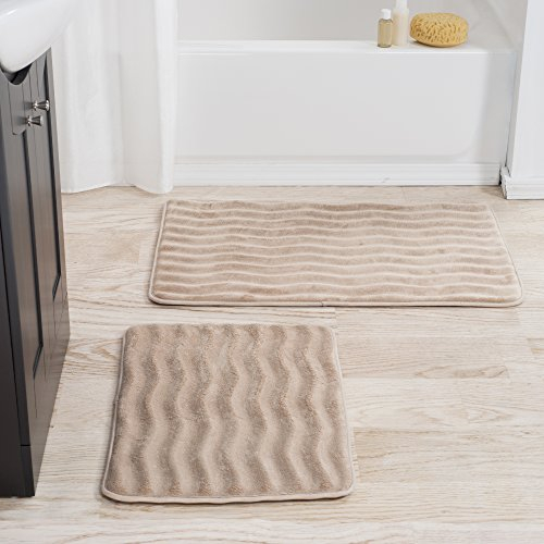 Lavish Home Bathroom Rug Set- 2-Piece Memory Foam Bath Mats-Wavy Microfiber Top-Non-Slip Absorbent Runner for Shower, Tub, Sink, or Kitchen (Taupe)