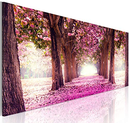 decomonkey Bilder Blumen Landschaft 150x50 cm XXL 1 Teilig Leinwandbilder Bild auf Leinwand Vlies Wandbild Kunstdruck Wanddeko Wand Wohnzimmer Wanddekoration Deko Natur Wald Alee