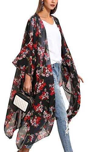 Hibluco Women's Fashion Chiffon Floral Kimono Cardigan Long Swimwear Cover Ups