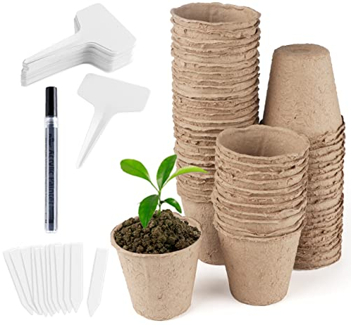 Homewit 80 x Anzuchttöpfe Aussaattöpfe Torftöpfe, Ø8cm Biologisch abbaubar - Beige, Mit 100 Stück Pflanzenetiketten aus Weiß Kunststoff für Pflanzen, Pflanztöpfe, Zellulose