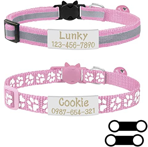 Uiopa 2pzs Collar Gato Antiahogo + 2pzs Chapa Perro Grabada, Collar Gato Personalizado con Cascabeles y Hebilla Seguro de Liberación Rápida, Ajustable 19-32cm (Rosa)