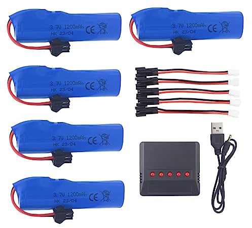 Batteria al litio ad alta velocità RC da 3.7V 1200mAh con Caricabatterie 5 in 1 per DE45 DE42 DE58 DE57 JSD-999L DE49 DE57 DE70 Batteria Ricaricabile Fuoristrada a Motrici Auto Giocattolo