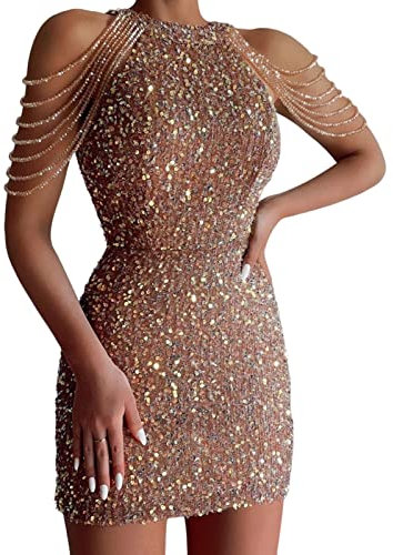 Frdun Abito da cocktail da donna, Abito aderente con nappe con girocollo, Abito corto sexy Halter con paillettes glitterate con cristalli frangiati per Incontri Casa fuori club, Rosa