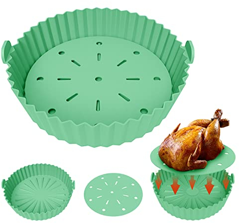Echify Silikonform für Heißluftfritteuse - 24cm XXL Air Fryer Silicone Pot mit Ölfiltermatte Universal Luftfritteuse Silikontopf Set Heißluftfritteuse Backform für Mikrowelle Ofenzubehör Grau (Grün)