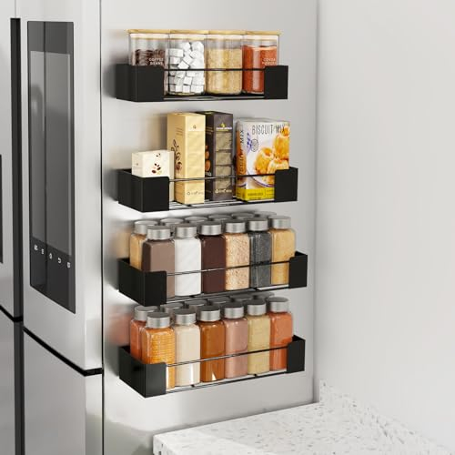 Golden Bell 4 Stück Gewürzregal Magnetisch, Magnet Regal Kühlschrank, Gewürzregal Ohne Bohren, Stark Magnetisch Gewürz Organiser, Schwarz