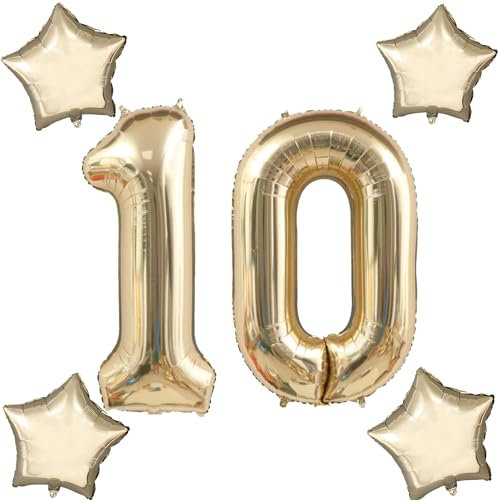 Blasses Gold Luftballons Zahl 10+4 pcs stern Folienballon Zahl 10 .Geburtstag mädchen,40 Riesenzahl Ballons 10.geburtstagsdeko Jungen,Zahlenballon 10, Helium Ballons 10 Zahlen Luftballons