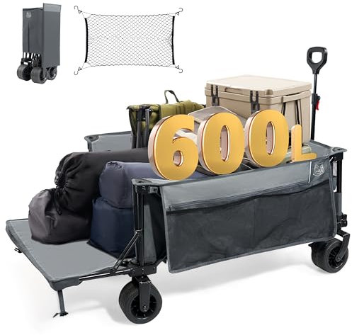 TIMBER RIDGE Bollerwagen Faltbar 600L Extra lang mit Faltbarer Heckklappe Bremse Strandwagen mit Seitentasche Getränkehalter verstellbarem Griff, Gartenwagen Transportwagen für Alle Gelände