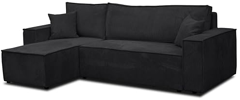 VENASI MÖBEL Ecksofa mit Schlaffunktion und Bettkasten Cord-Stoff Schlafsofa Eckcouch Sofa (Schwarz)