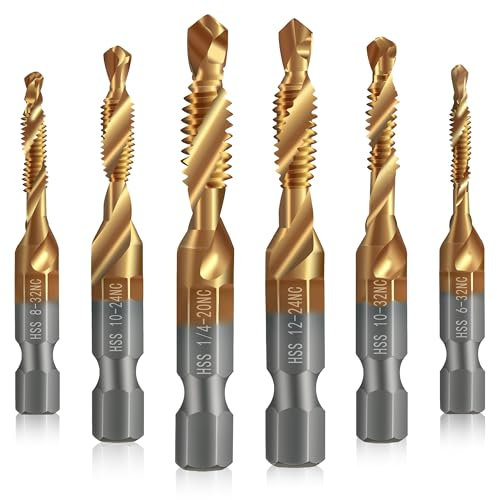 Junreox 6 Pack Combination Drill and Tap Set, Professional HSS Titanium Thread Tap Drill Bit Set in SAE 6-32nc 8-32nc 10-32nc 10-24nc 12-24nc 1/4-20nc, Quick Change Screw Tapping with 1/4” Hex Shank