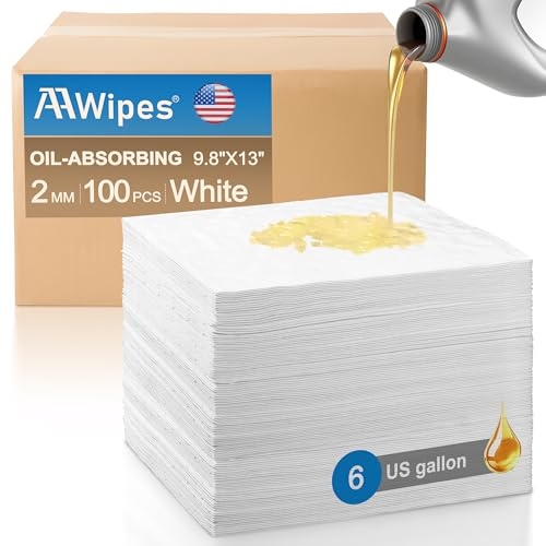 AAwipes Almohadillas absorbentes de aceite, accesorios de garaje, control de derrames de aceite, hojas absorbentes de aceite para garaje, coche, camión, motocicleta, color blanco, paquete de 100