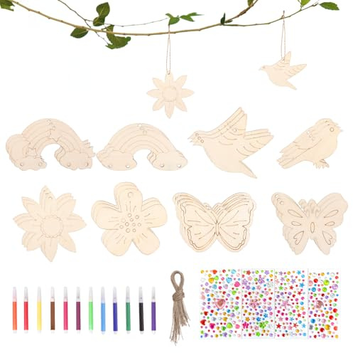 xuhaggeo 24 Stück Bastelset: Malvorlagen auf Holztafeln mit Schmetterlingen, Regenbogenblumen und Vögeln, DIY Kreativset zum Bemalen