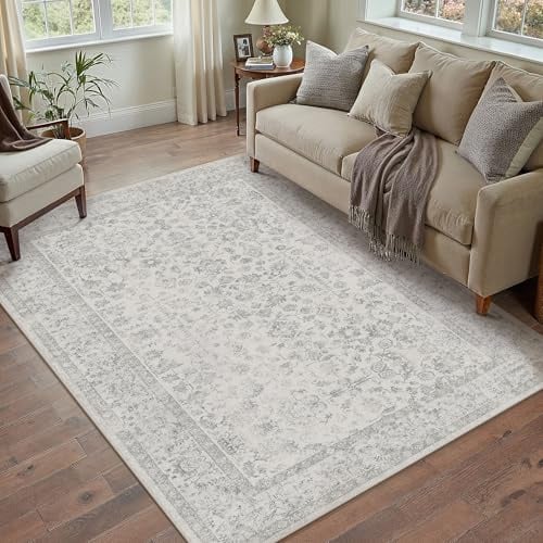 PureCozy Teppich Wohnzimmer 120x170cm Wohnzimmerteppich Grau Vintage Tepich | Weicher Kurzflor, Rutschfest, Pflegeleicht, Schlafzimmer, Esszimmer, Büro ,Kinderzimmer,Bettvorleger Carpet
