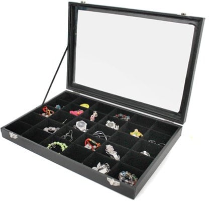 yudu Schmuckkasten Schmucklade Schaukasten Schmuckdisplay mit Glasdeckel schwarz (30 Fächern)
