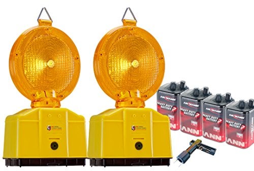 UvV Baustellenleuchten 2 Stück LED Warnleuchte Gelb mit Dämmerungsfunktion, Automatische Tag- und Nachtschaltung, inkl. Batterien und Lampenschlüssel
