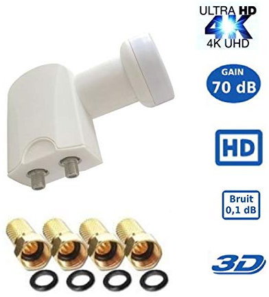 LNB Twin SR-2088, 0.1dB High Gain 70 DB !! - Tête Parabole Universelle Compatible Full HD 4K TNTSATCanal+ Astra et FRANSAT + 4fiches F Gold
