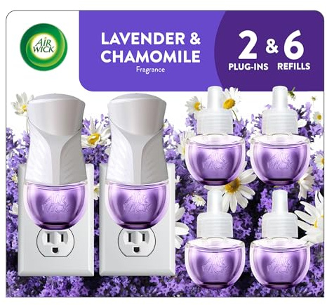 Air Wick Plug in Scented Oil Starter Kit, 2 Warmers + 6 Refills, Lavender & Chamomile, Eco Friendly, Essential Oils, Air Freshener