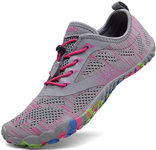 Barfussschuhe Frauen Schnell Trocknend Trail Laufschuhe Damen Leicht Fitnessschuhe Barfuß Zehen Sport Outdoor Schuhe Fliegender Stoff Rosa Gr.42
