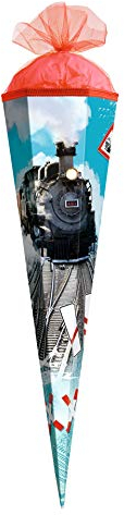 ROTH Geschenk-Schultüte klein Lokomotive 50 cm - 6-eckig Tüllverschluss - Zuckertüte Schulanfang Zug Eisenbahn