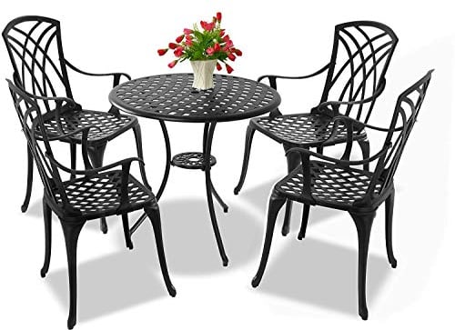 Centurion Supports OSHOWA Garden & Patio Table & 4 Large Chairs with Armrests Cast Aluminium Bistro Set - Black