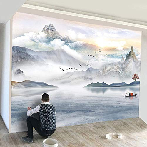 YXTSmurals Papier Peint Intissé Blanc Nuages Montagnes Paysage Papier Peint Effet 3D Papier Peint Intissé Tapisserie Murales Panoramique 3D Peinture Murale Non-Tissé