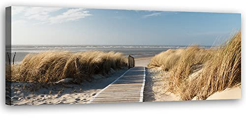 Feeby Vlies Leinwandbild Sand Strand Wasser Wellen Meer 150x50 cm Wanddeko Design Kunstdruck Zimmerdeko Bilderwand Nordsee Gras Ostsee Beige