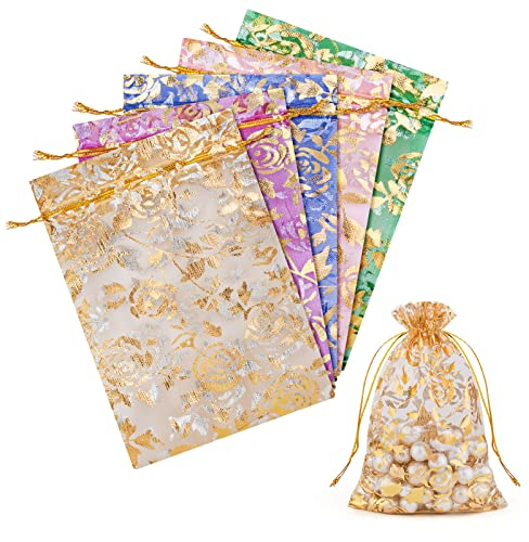 Aucuu 65pcs Sacs Organza, 10 x 15 cm Coloré Motif de Roses Sachets Pochettes Cadeau en Organza avec Cordon de Serrage, Sac à Bijoux Sachets pour Lavande Sachets pour Bonbons Marriage Cadeaux