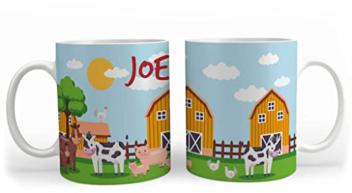 MakeThisMine Tazza personalizzata per bambini con nome stampato personalizzato Tazza in ceramica con scritta Hot Drink Farm Animal Design regalo